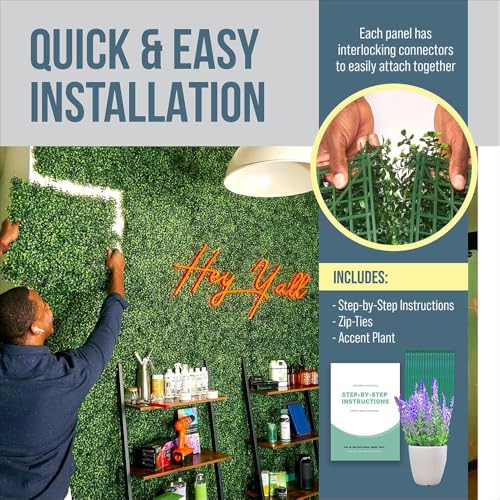 Grass Wall Backdrop, 12 Pcs 20”x20” Panels, Artificial Greenery Backdrop, Dense Leaves Privacy Hedge Screen for Indoor Outdoor Garden Fence Wedding Decor (Covers 33 Sq Ft)