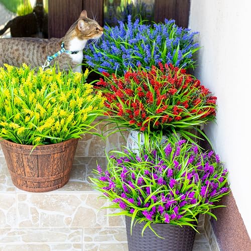 AXYLEX Artificial Flowers for Outdoors Plants - 20 Bundles Fake Lavender Plastic Faux Monkey Grass UV Resistant for Home Decorations (20, Red) - color: Red