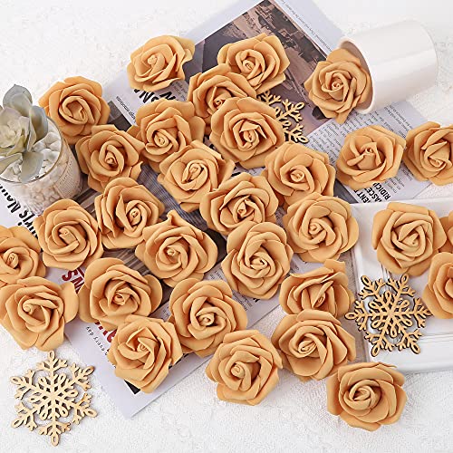 Artificial Rose Flower Heads, 100pcs Gold Yellow Roses Artificial Flower Foam Rose for DIY Wedding Bouquets Centerpieces Arrangements Party Baby Shower Home Decor (Stemless,Gold Yellow) - color: Gold Yellow, size: 100PCS