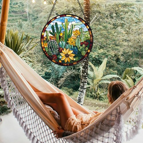Stained Glass Window Hanging Green Cactus with Yellow Flowers Large 11.8" - Suncatcher Door Garden Sun Catcher Home Decor Birthday Christmas for Mom Men Woman Friend Nana - color: Yellow-green-blue, size: 11.8x11.8 IN