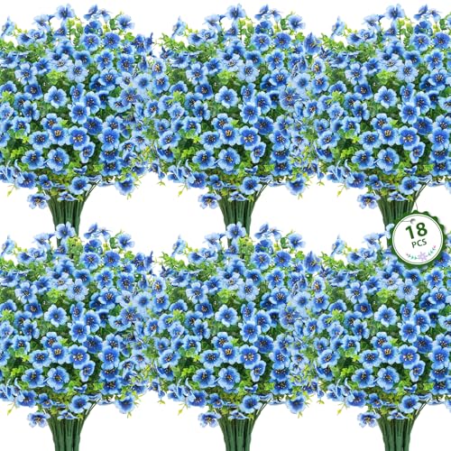 Roberly Artificial Flowers for Outdoors, UV Resistant Silk Faux Flowers Daisy with Eucalyptus Greenery Stems Fake Plastic Plants for Spring Summer Patio Garden Home Decor, 18 Bundles, Blue - color: Blue