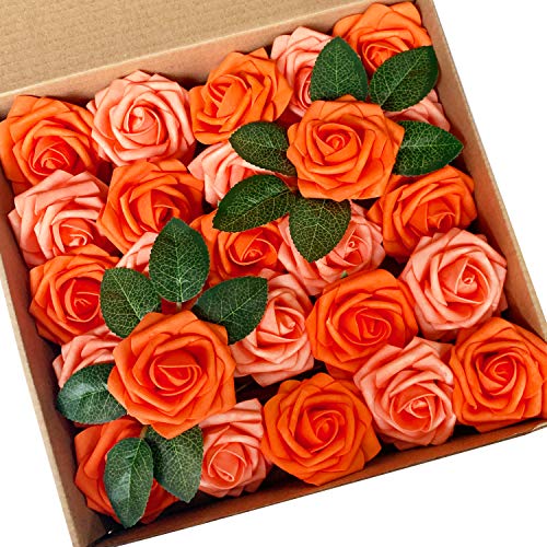 Artificial Flowers 25PCS Real Looking Mixed Vivid Orange Fake Roses with Stem for DIY Wedding Bouquets Centerpieces Baby Shower Party Home Decorations - color: Mixed Vivid Orange, size: 3"/25pcs