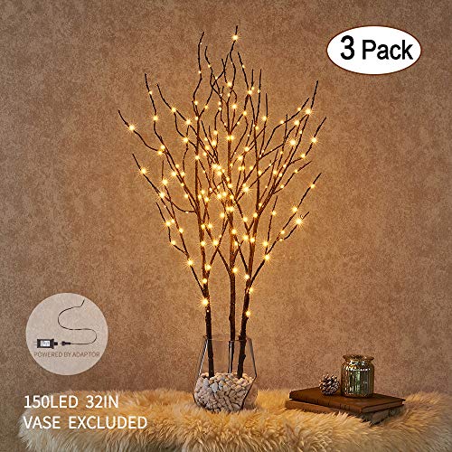 Hairui Lighted Twig Brown Branch with Fairy Lights 32in 150 LED Plug in Lighted Willow Branch for Christmas Wedding Party Decoration 2 Sets (Vase Excluded) - style: Brown+Warm White 2set