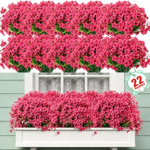 22 Bundles Artificial Flowers Outdoor Fake Plants, Faux Flowers UV Resistant with Plastic Plants, Faux Silk Flowers for Outdoors Outside Front Porch Hanging Planter Window Garden Decoration(Rose Red) - color: Rose Red, size: 22 Bundles