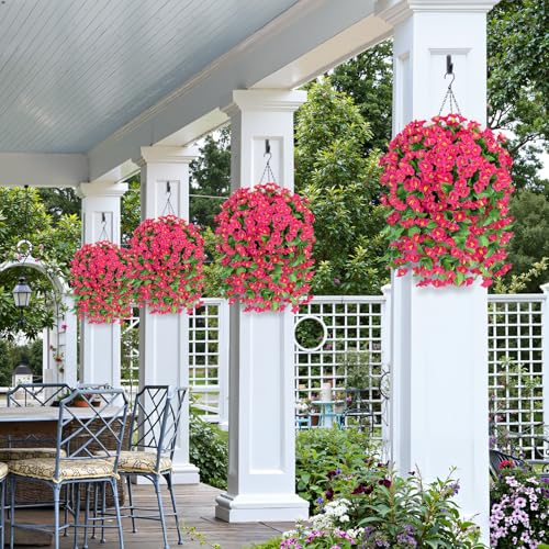 Artificial Hanging Flowers for Outdoors, 2 Pack UV Resistant Fake Flowers Rose Red Silk Morning Glory Faux Petunias Hanging Artificial Plants Trailing Vines for Home Porch Garden Planter Decor - color: Rose Red