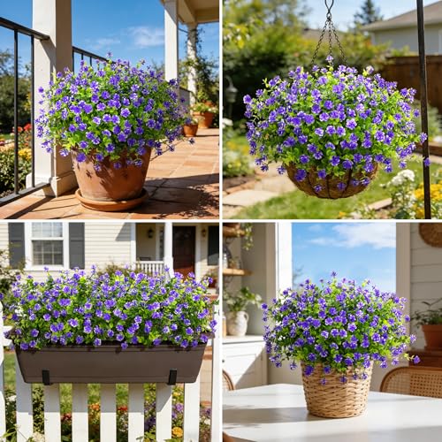 Ouddy Decor 24 Bundles Artificial Flowers for Outdoors Decoration Fake Flowers UV Resistant Faux Plastic Greenery Eucalyptus Plants for Spring Summer Garden Patio Indoor Outdoor Home Decor, Purple - color: Purple