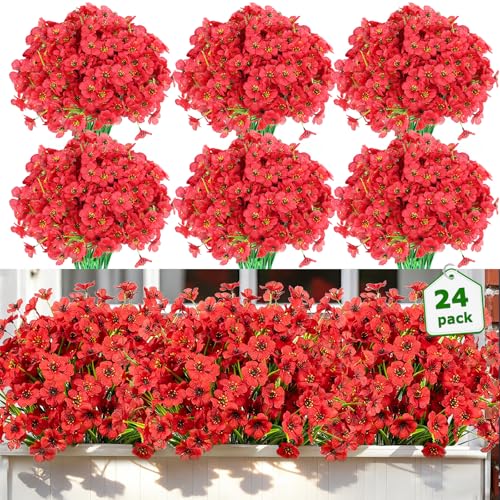 Nepfaivy Artificial Flowers for Outdoors Red - 24 Bundles UV-Resistant Fake Flowers No Fade for Outside, Realistic Plastic Plants and Faux Silk Flowers for Planters, Front Porch, Garden Decoration - color: Red