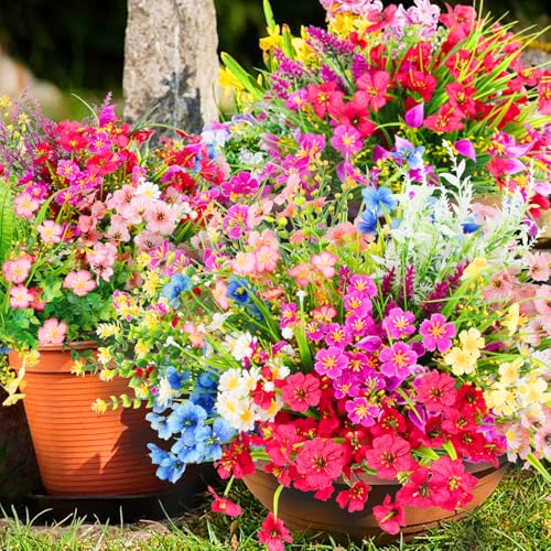 30 Bundles 12 Style Artificial Flowers for Outdoors Fake Silk Flowers UV Resistant Faux Plastic Plants for Spring Summer Garden Porch Window Box Table Vase Home Indoor Outdoor Hanging Decoration - color: Spring Flowers for Outdoors