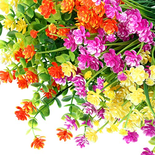 WILLBOND 12 Bundles Artificial Flowers Outdoor, UV Resistant Faux Artificial Plants Shrubs Plastic Flower Bulk for Hanging Planter Porch Window Home Spring Summer Decor(Yellow, Orange, Fuchsia) - color: Yellow, Orange, Fuchsia