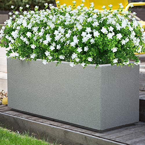 8 Bundles Outdoor Artificial Fake Flowers UV Resistant No Fade Boxwood Faux Plastic Plants for Garden Patio Porch Window Box Home Wedding Farmhouse Décor (White) - color: White