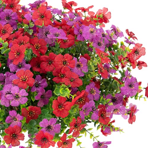 Artificial Fake Flowers Plants for Outdoor Spring Decor, 12 Bundles Faux Silk Flowers for Outdoor Outside Planter Colorful Daisy UV Resistant Look Real for Front Door Porch Patio Yard(Red Purple) - color: Red Purple
