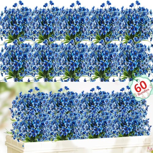 Powbrace 60 Pack Artificial Flowers for Outdoor Indoor Fake Plants, Faux Silk Flowers for Outdoors Outside Front Porch Hanging Planter Window Box Garden Spring Decoration(Blue) - color: Blue, size: 60 Bundles