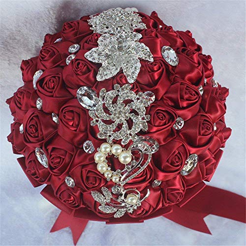 Wedding Bouquets Crystal Satin Rose Bride Bridal Bouquet Romantic Bridesmaid Holding Flower for Valentine's Day Confession Party Church Decor (Wine Red) - color: Wine Red