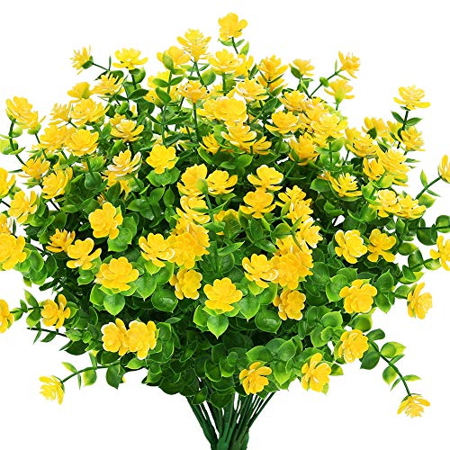 8 Bundles Outdoor Artificial Fake Flowers UV Resistant No Fade Boxwood Faux Plastic Plants for Garden Patio Porch Window Box Home Wedding Farmhouse Décor (Yellow) - color: Yellow