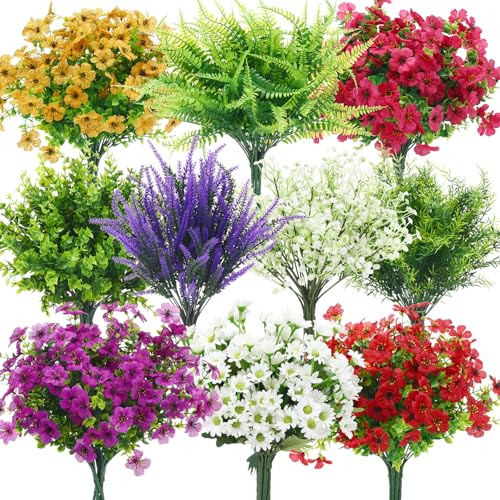Thiccywoov 60 Pcs Artificial Outdoor Flowers UV Resistant Faux Plastic Plants Bulk Mixed Lavender Baby's Breath Eucalyptus Daisy Greenery Stems for Garden Patio Porch Window Box Home Wedding Decor