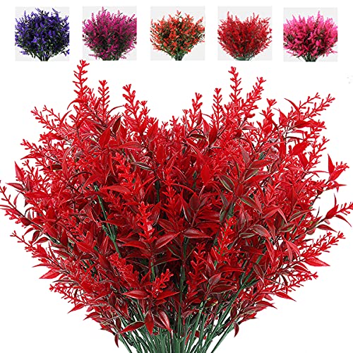 RECUTMS Artificial Outdoor Flowers, 8pcs Faux Outdoor Plant Plastic Lavender Bouquet,UV Resistant Flowers,Spring Decor,Lifelike Natural Fake Plant to Brighten Up Your Home (Red) - color: Red, size: 8 Bundles