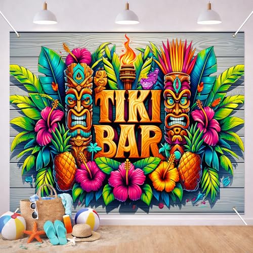 BlissYard Tiki Bar Tropical Party Backdrop 8x6ft Luau Hawaiian Island Mask Design Photo Booth Background for Summer Birthday Beach Pool Party BBQ Event Indoor Outdoor Wall Decoration - color: Summer Beach#02