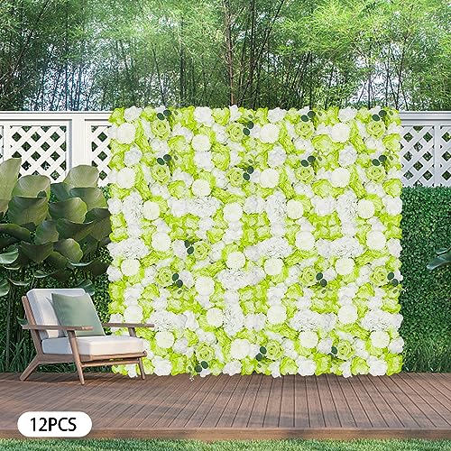 12Pcs Artificial Flower Wall Panel 3D Floral Backdrop Wall 15" X 15" Flower Wall Decor Flower Wall Backdrop Faux Flower Panel for Party Home Background Decor, Green - color: Green, White