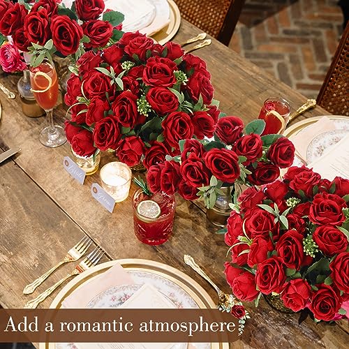 Zeyune 8 Pack Artificial Mini Red Roses, 12 Inch Fake Flowers with Stems, 80 Small 1.6 Inch Flower Heads, Silk Mini Rose Bouquets for Wedding Centerpieces, Bridal Bouquets, Home Party Decor - color: Red
