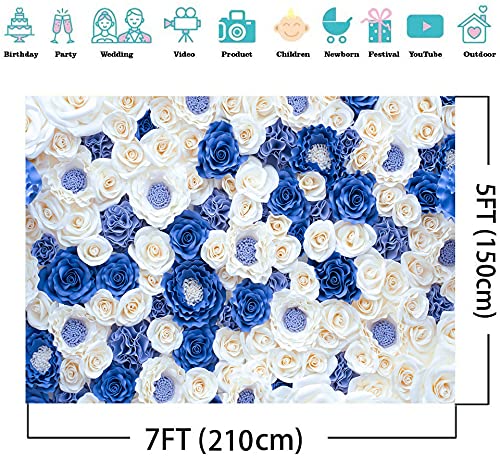 7X5FT Floral Backdrop Blue and White Roses Paper Flower Wall Decor Thin Vinyl Material Wedding Party Photography Background DH-87 - size: 7X5FT
