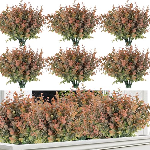 RECUTMS 20 Bundles Artificial Plants Outdoor Faux Plant Eucalyptus Stems Artificial Bushes Boxwood Bushes for Farmhouse Bathroom Office Vase Centerpiece Indoor Outdoor Decor(Dusty Orange) - color: Dusty Orange, size: 20 Pcs