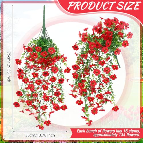 Suncalla 4 Pcs 30In Artificial Hanging Flowers for Outdoor Planter 156 Branches Trailing Faux Potted Plant Fake Floral UV & Fading Resistant for Wedding Patio Spring Summer Decor(Red) - color: Red