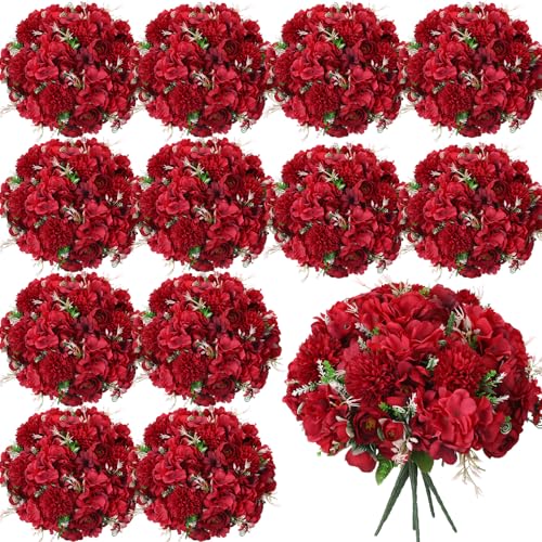 Tigeen Peonies Artificial Flowers Faux Roses Silk Flowers Hydrangea Artificial Bouquet for Wedding Table Centerpiece Floral Vase Home Office Bridal Decor(Wine Red,24 Bundles) - color: Wine Red