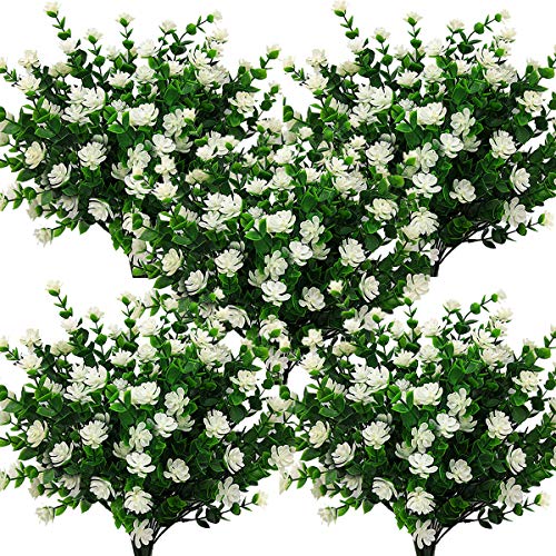 Grunyia 10 Bundles Artificial Fake Flowers, Faux Outdoor Plastic Plants UV Resistant Shrubs Outside Indoor Decorations (White-Eucalyptus) - color: White-eucalyptus