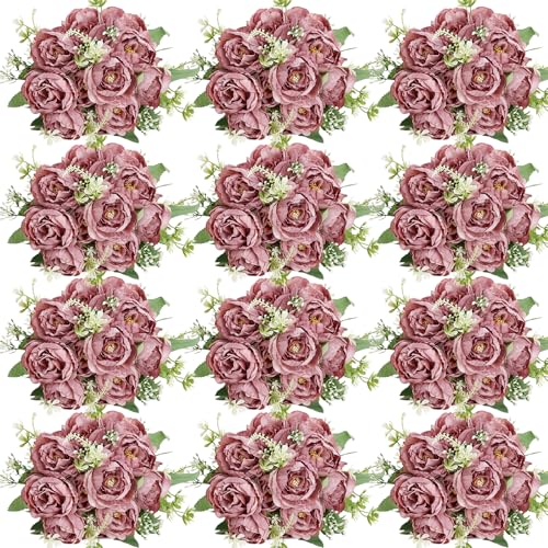 12 Bundles Peonies Artificial Flowers Artificial Peonies Silk Flowers Fake Peonies Artificial Flowers Wedding Home Table Decoration Realistic Peonies Bouquet for Centerpiece Table (Dusty Rose) - color: Dusty Rose