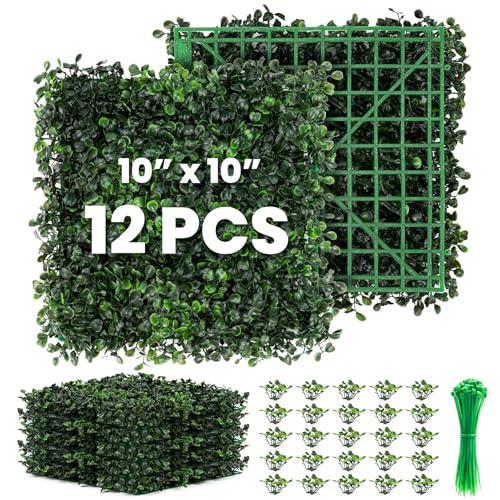 Grass Wall 12 Pack 10"x10" Artificial Boxwood Hedge Wall Panels, Privacy Hedge Screen Faux Boxwood for Outdoor,Indoor,Garden,Fence,Backyard,Greenery Walls - size: 10"X10" 12P