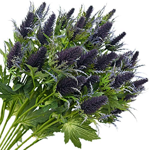 FiveSeasonStuff Real Size Artificial Thistle Flowers Real Touch 8 Stems Rustic Purple and Green Thistle Decor Spray Eryngium | Sea Holly for Wedding Bouquet Centerpiece 26 inches - color: Rustic Purple & Green