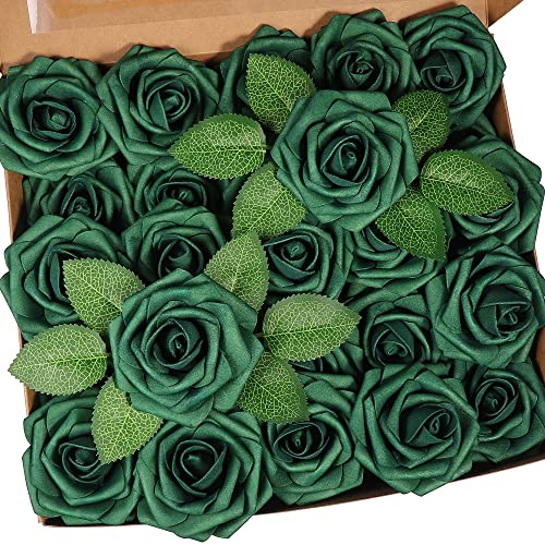 50pcs Artificial Flower，Real Touch Foam Roses w/Stem DIY for Wedding Bouquet Centerpieces Party Shower Home Decor-Green boxpack - color: Green