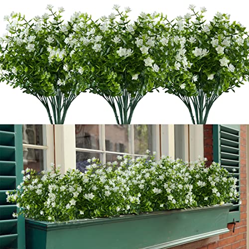 6 Bundles Artificial Flowers, Fake Artificial Greenery UV Resistant No Fade Faux Plastic Plants for Wedding Bridle Bouquet Indoor Outdoor Home Garden Kitchen Office Table Vase(OffWhite) - color: Offwhite