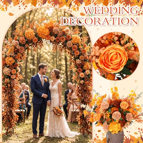 Suncalla 36 Pcs Caramel Artificial Flowers Bouquet Set 8 Kind Faux Delphinium Rose Peony Chrysanthemum Hydrangea Baby's Breath Florals with Greenery Long Stem for Wedding Table Vase Decor - color: Caramel
