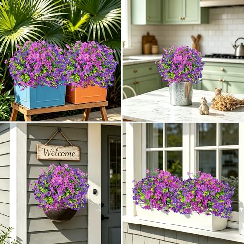 Artificial Flowers for Outdoors UV Resistant, 12 Bundles Realistic Faux Daisy with Eucalyptus Leaves Fake Plants for Porch Patio Planter Garden Decoration (Deep Purple Light Purple) - color: Purple Light Purple