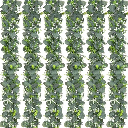 Dolicer 6 Packs 6FT Artificial Eucalyptus Garland, Faux Greenery Garland Fake Vines Hanging Silver Dollar Eucalyptus Leaves for Wedding Backdrop Arch Table Wall Party Home Decor - color: Grey Green With White Seed, size: 6 Packs