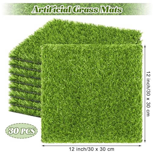 TURSTIN 30 Pieces Artificial Grass Mat 12 x 12 Inch Fake Grass Square Mat Synthetic Turf Patch Tiles with Drainage Holes Realistic Grass Rug for DIY Crafts Patio Indoor Outdoor Decor, Grass Green