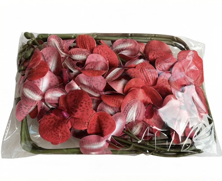 FagusHome 32 Inch Artificial Phalaenopsis Flowers 6 Pcs Artificial Orchid Flowers Stem Plants for Home Décor (Red Piebald) - color: Red Piebald