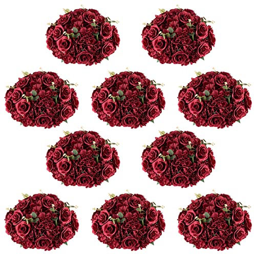 NUPTIO Flower Wedding Centrepieces for Tables: 10 Pcs Burgundy Artificial Flowers Roses Balls 14.2 inch Diam for Centerpiece Fake Silk Rose Arrangements Weddings Reception Birthday Party Decoration - color: Burgundy, size: 14.2" Diam - 10 PCS