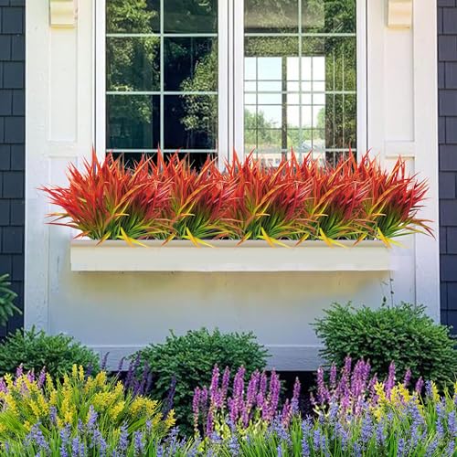 Outdoor Artificial Plants 8 Bundles Fake Plants Grass UV Resistant Fake Flowers Bush Greenery,17Inch Tall Faux Grass Shrubs for Home Porch Pathway Garden Décor Outside Indoor (red) - color: Red