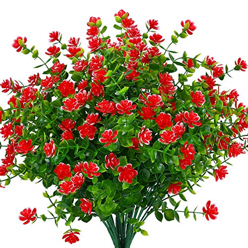 8 Bundles Outdoor Artificial Fake Flowers UV Resistant No Fade Boxwood Faux Plastic Plants for Garden Patio Porch Window Box Home Wedding Farmhouse Décor (Red) - color: Red
