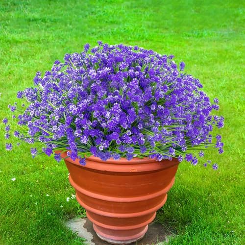 6 Bundles Artificial Flowers for Outdoors Fake Plastic Plants Faux Shrubs Greenery UV Resistant for Spring Summer Garden Patio Window Box Office Table Kitchen Home Decoration (Purple) - color: 6bundles--flower Purple