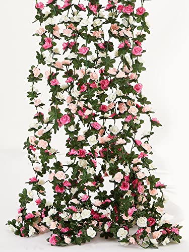 PARTY JOY 8pcs 65.6Ft Flower Garland, Fake Rose Vine Artificial Flowers Hanging Rose Ivy Garland for Room Wall Decor Hanging Baskets Wedding Arch Garden Background Decor - color: 8pc-pink-white, size: 8PC