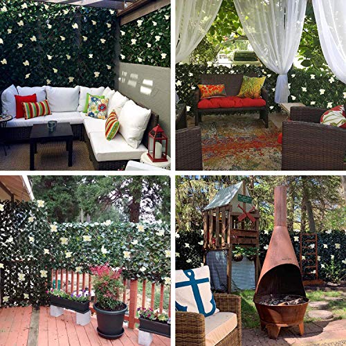 Expandable Faux Ivy Fence,Artificial Privacy Screen Decor for Outdoor Wall, Balcony and Patio, Single Sided Leaves (2,White Flower) - color: White Flower