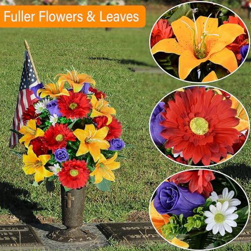 XONOR Artificial Cemetery Flower for Graves, Set of 2 Cemetery Memorial Flowers with Vase for Gravesite Outdoor Headstone Tombstone Decorations, Artificial Lily Rose Gerbera Flowers Bouquets - color: Orange