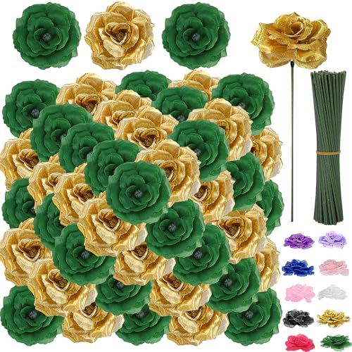 108pcs Roses Head Flowers with Stem - Emerald Green Gold Artificial Flowers Rose Bulk - Silk Rose Fake Flower for Wedding Bouquet Decor DIY Baby Shower Centerpieces St Patrick's Day Decoration - color: Green-gold