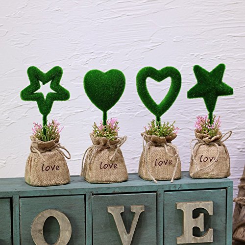 Ainiess Home Decorative Artificial Topiary Set, Green Hedge Artificial Plant Set, Linen Base, Fake Plant Letters, Set of 4 (Heart & Star)