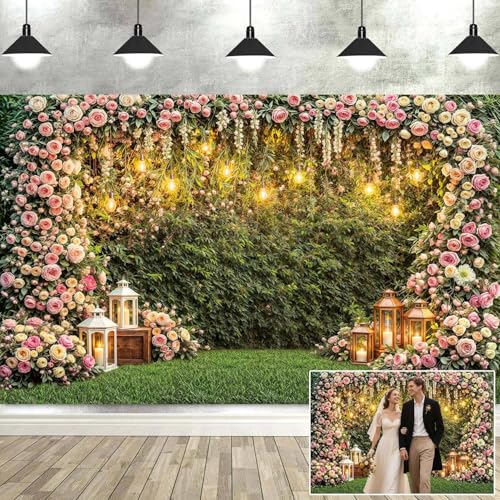 10X8ft Wedding Floral Wall Backdrop Romantic Rose Flower Arch Greenery Lantern Photography Background for Bridal Shower Wedding Birthday Party Photo Booth Props - color: Multi6, size: 10x8ft