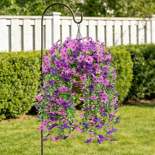 Roberly 4 Pcs Artificial Hanging Flowers for Outdoors, Realistic Faux Silk Flowers UV Resistant Fake Greenery Plants for Spring Summer Garden Porch Indoor Outdoor Home Decor, Purple - color: Purple