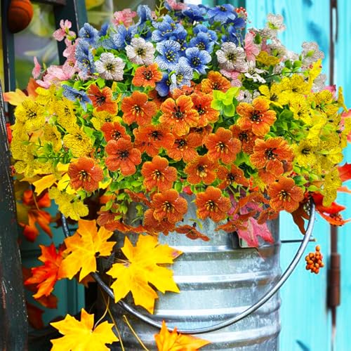 Outdoor Fake Flowers UV Resistant, No Fade and Weatherproof Silk Outdoor Artificial Flowers for Spring Porch Garden Patio Window Box ,Big savings on money & time,10 Bundles(Mix Red Purple Rosy) - color: 2(ye+bl+wh+pk+or)